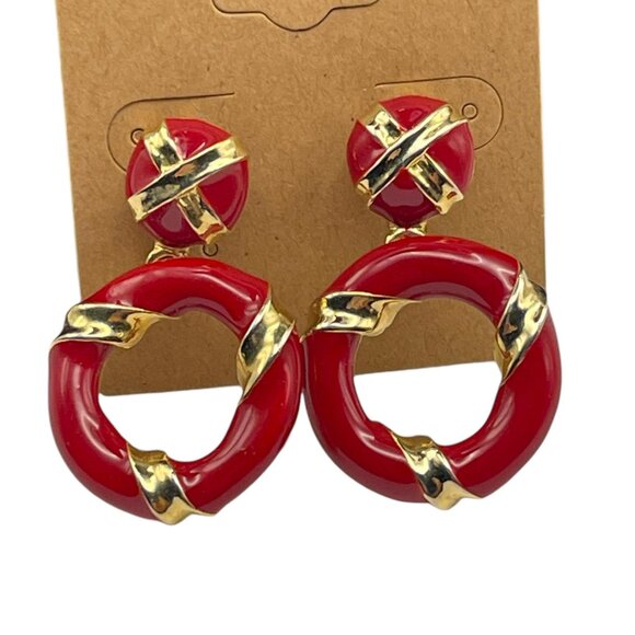 **Vintage Gold Tone And Red Enamel Dangle Earrings - Picture 1 of 6
